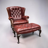 VINTAGE OXBLOOD RED TUFTED CHESTERFIELD WINGBACK CHAIR W/OTTOMAN