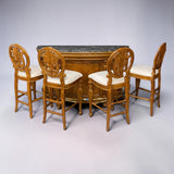 PULASKI EDWARDIAN MARBLE TOP BAR W/4 CARVED WOODEN BAR STOOLS