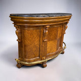 PULASKI EDWARDIAN MARBLE TOP BAR W/4 CARVED WOODEN BAR STOOLS