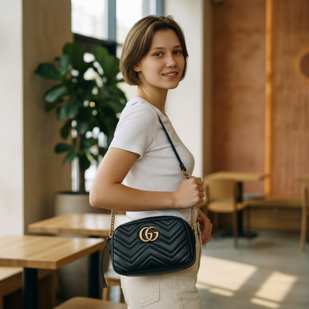 GUCCI GG MARMONT SMALL MATELASSE LEATHER CAMERA BAG