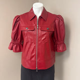 Red Vegan Leather Jacket with Puff Sleeves